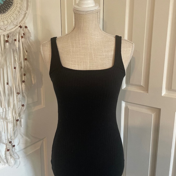 Wild Fable Black Ribbed Bodycon Midi Dress with Square Neck & Side Slit, Size XS - Picture 2 of 10